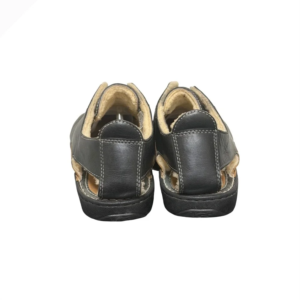 UGG Sandals Men 14 Black Leather Shearling Lined Fisherman Slipper S/N 1635